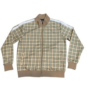 Jian Wang Mens Plaid Track Jacket Brown Green‎ Full Zip Stripe Sleeve Large